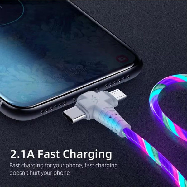 3in1 Flow Đèn sáng cáp usb cho Samsung 3 trong 1 2in1 LED Micro USB loại C 8pin sạc dây cho iPhone Huawei Xiaomi